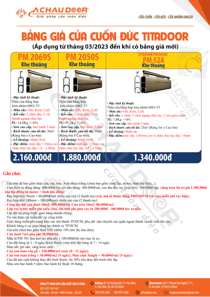 Bảng giá cửa cuốn đức titadoor 2023