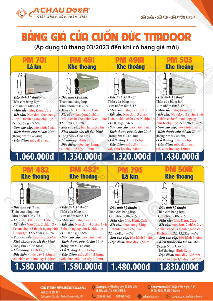 Bảng giá cửa cuốn đức titadoor 2023