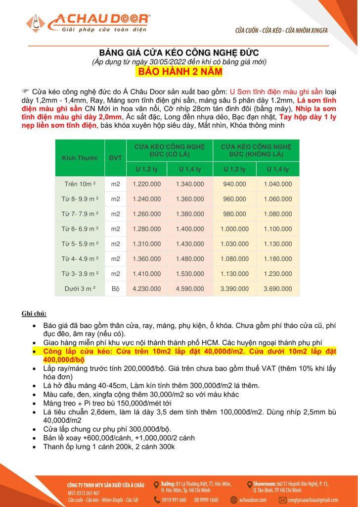 Bảng giá cửa kéo công nghệ Đức