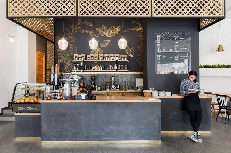 Mẫu quầy bar cafe độc lập bằng gỗ với tông màu xám