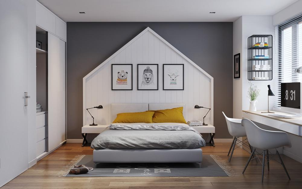 A bed with a white wall and a white desk Description automatically generated with medium confidence
