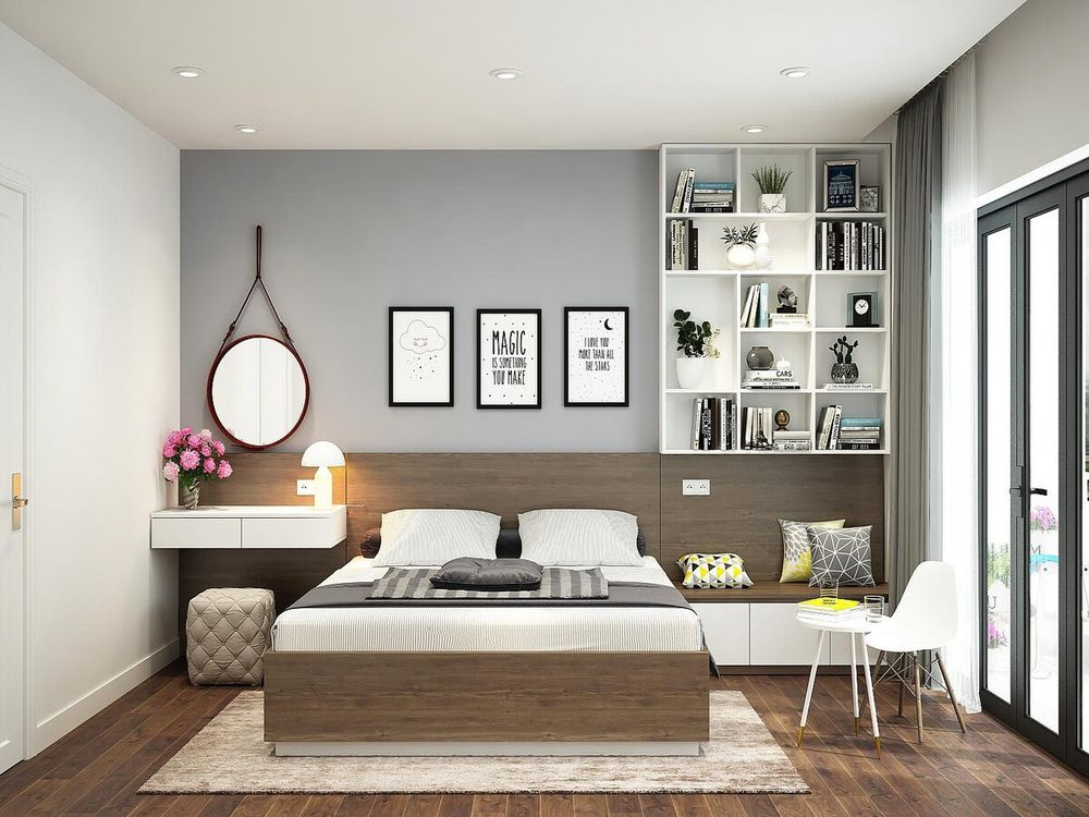 A bedroom with a bed and a bookcase Description automatically generated