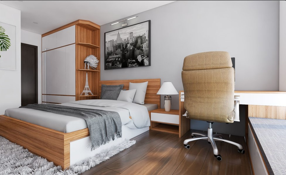 A bedroom with a bed and a chair Description automatically generated