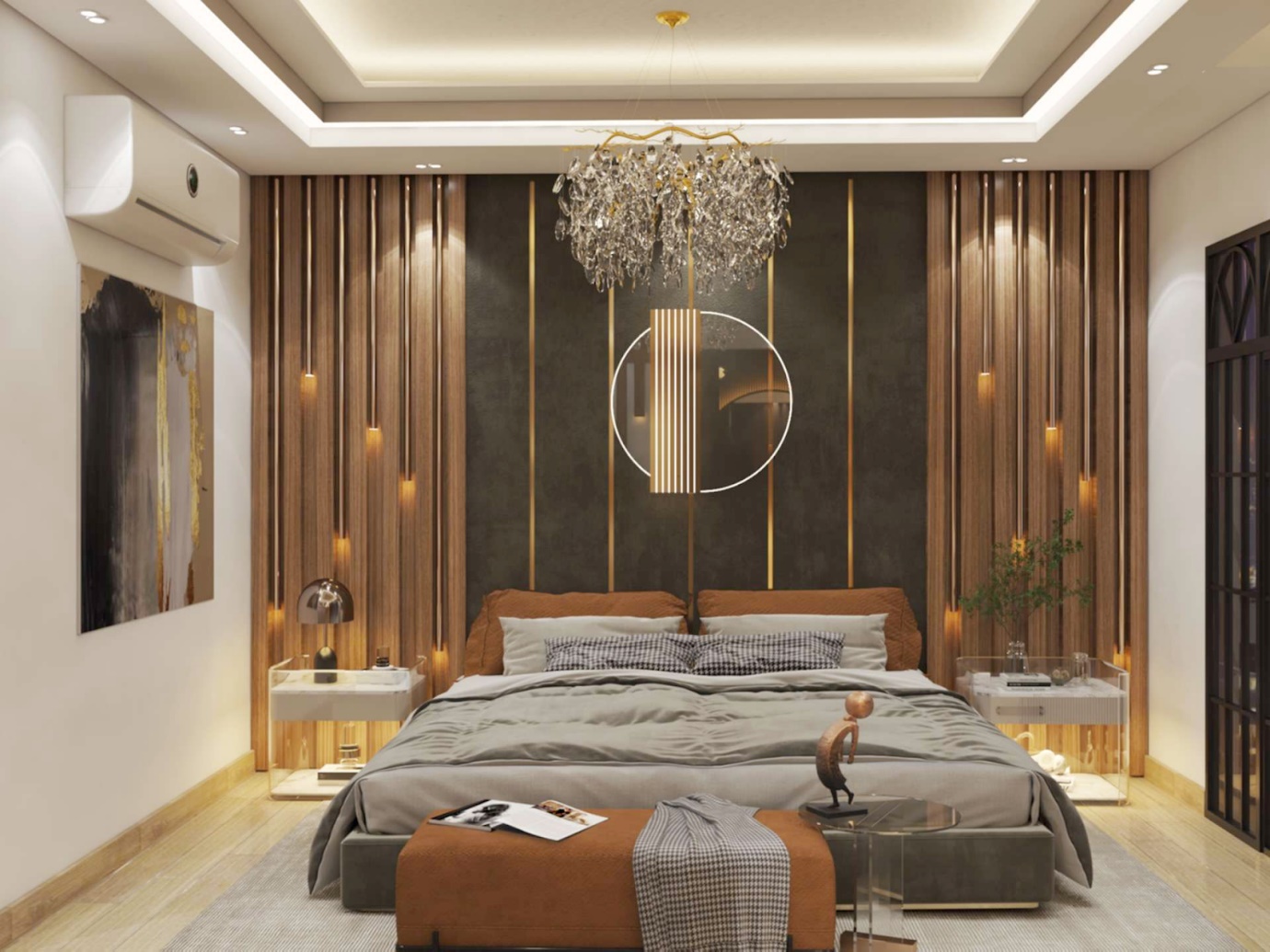 A bedroom with a bed and a chandelier Description automatically generated