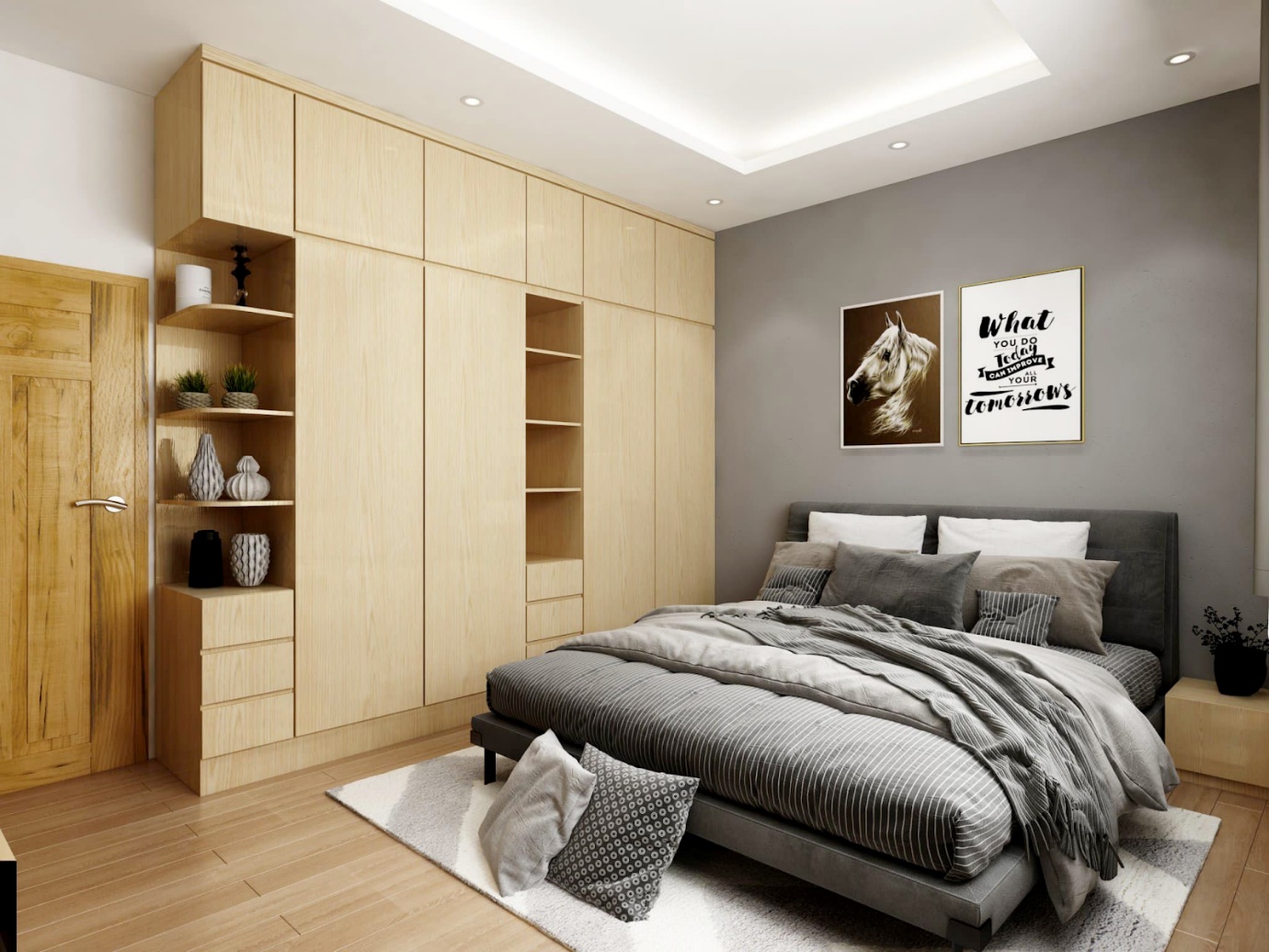 A bedroom with a bed and shelves Description automatically generated