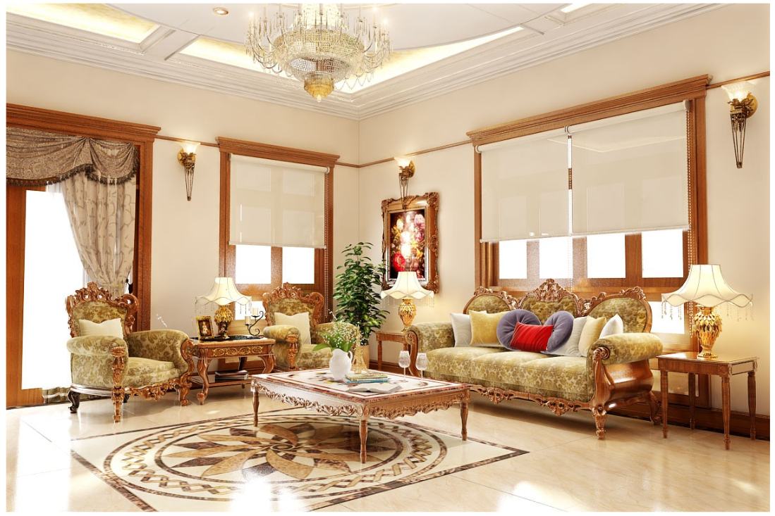A living room with a chandelier and couches Description automatically generated