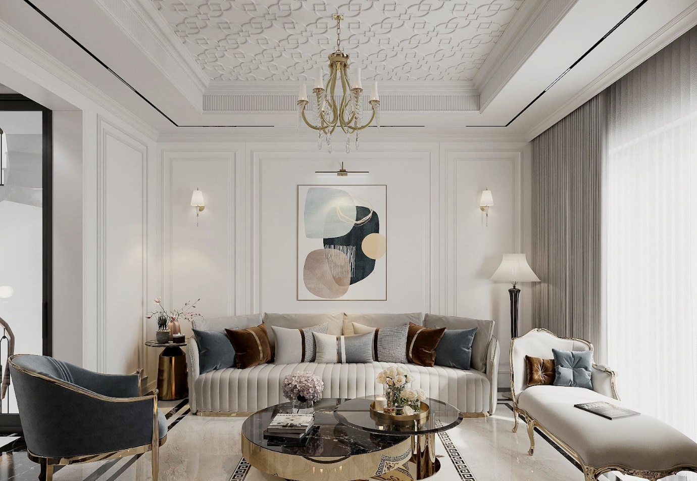 A living room with a couch and a coffee table Description automatically generated