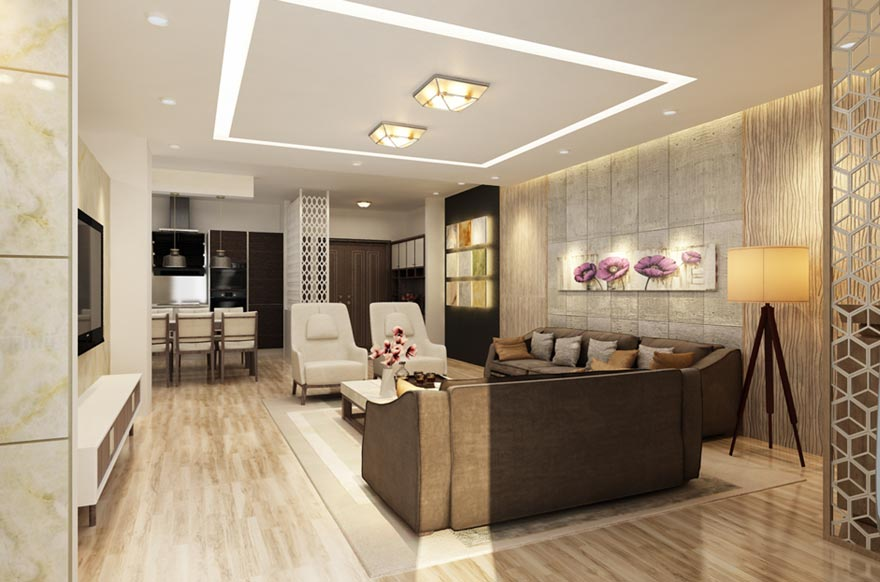 A living room with a couch and a kitchen
Description automatically generated