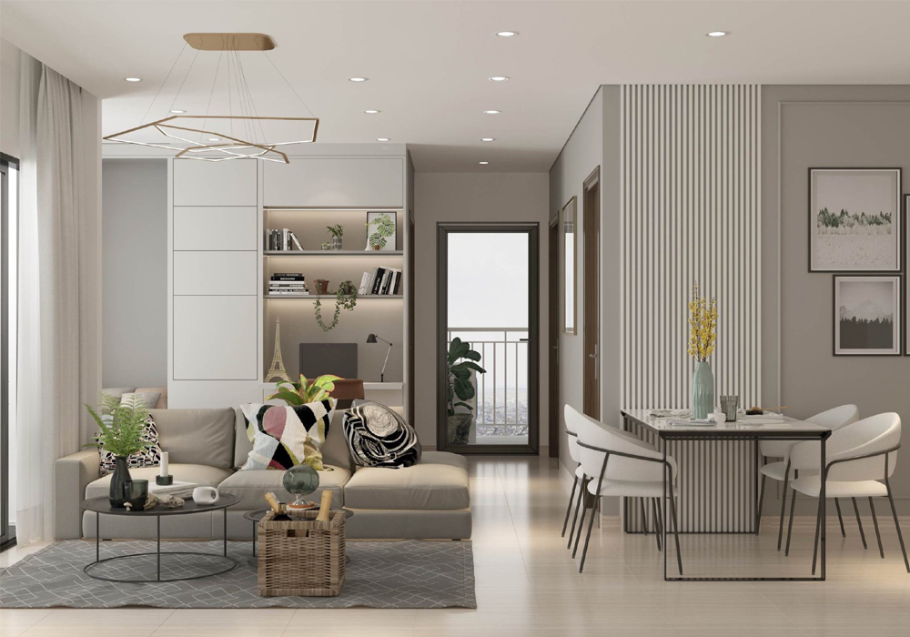 A living room with a couch and a table Description automatically generated