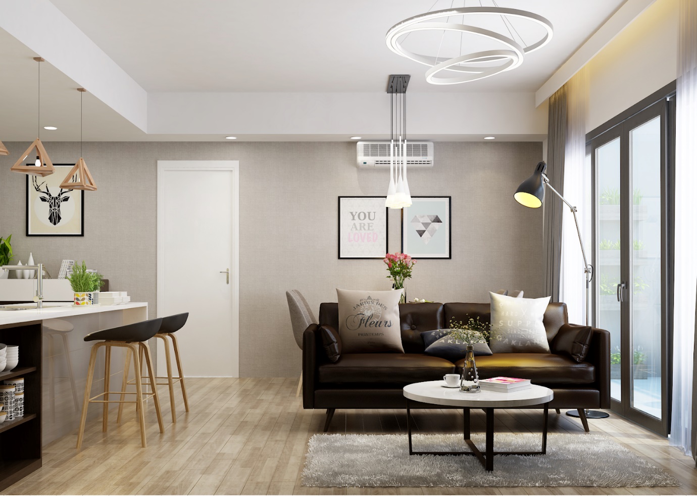 A living room with a couch and a table Description automatically generated