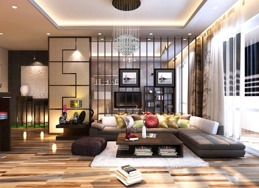 A living room with a large couch and a table Description automatically generated