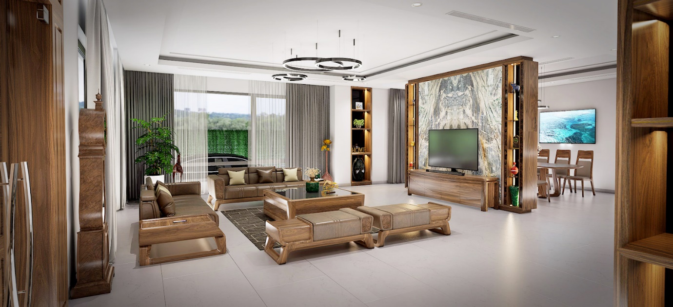 A living room with a large television Description automatically generated