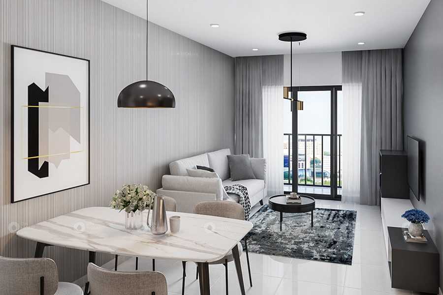 A living room with a table and chairs Description automatically generated