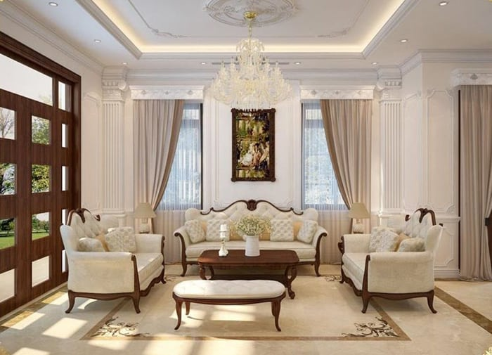 A living room with white furniture

Description automatically generated