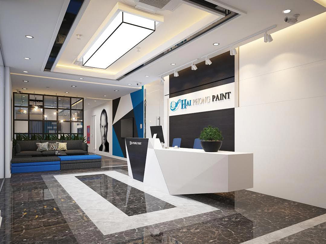 A reception desk in a room Description automatically generated