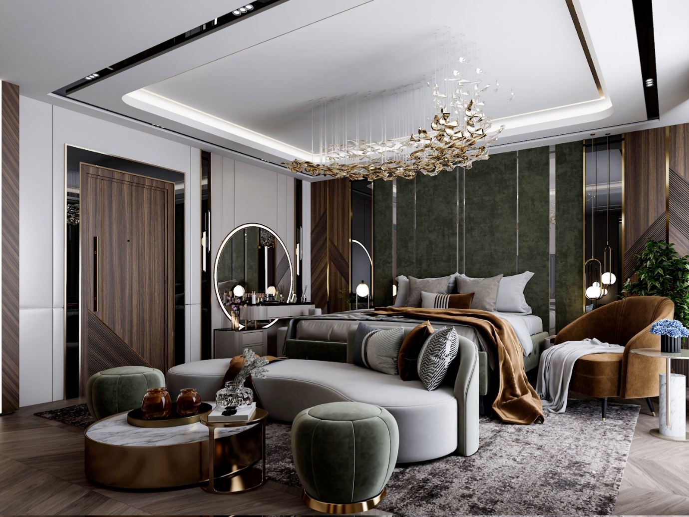 A room with a bed and a couch

Description automatically generated