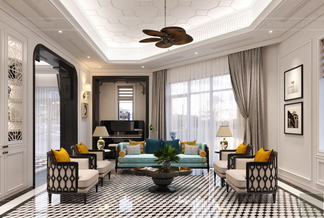 A room with a black and white checkered floor and a ceiling fan Description automatically generated