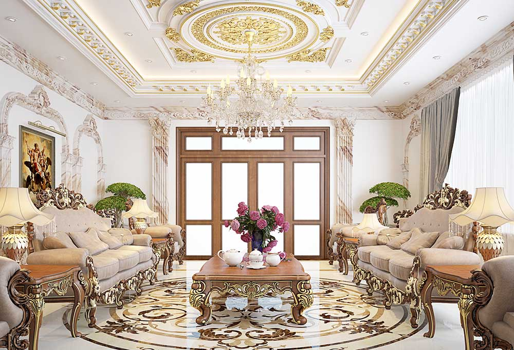 A room with a chandelier and chairs Description automatically generated