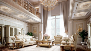 A room with a chandelier and couches Description automatically generated