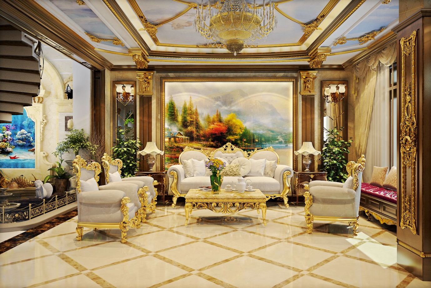 A room with a large painting on the wall Description automatically generated