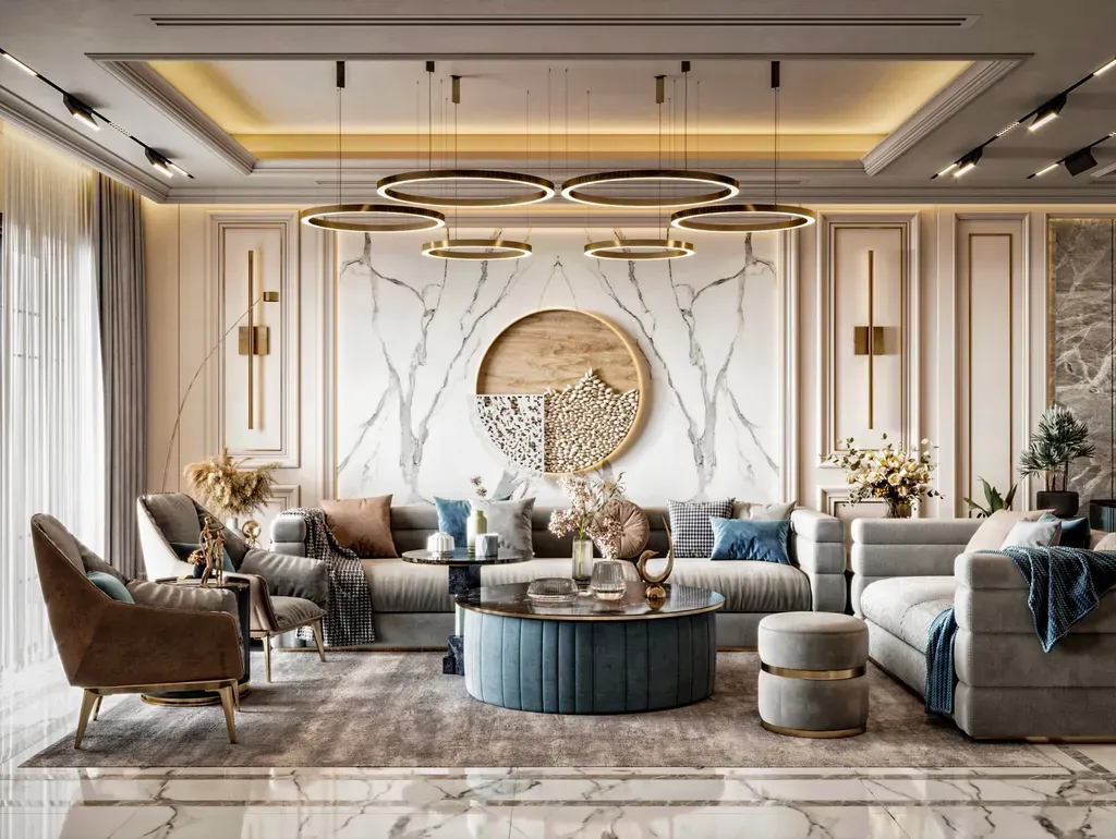 A room with a marble floor and a marble wall

Description automatically generated