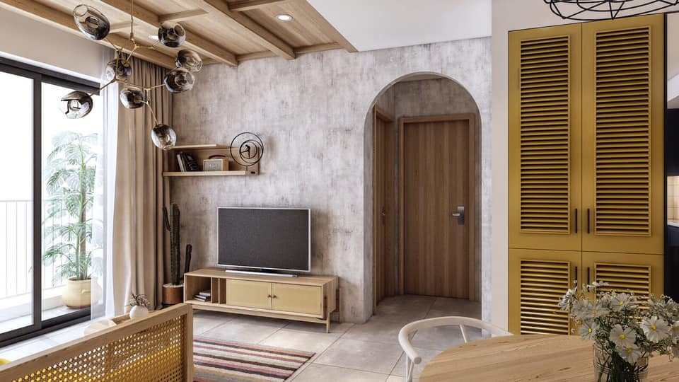 A room with a tv and a door Description automatically generated