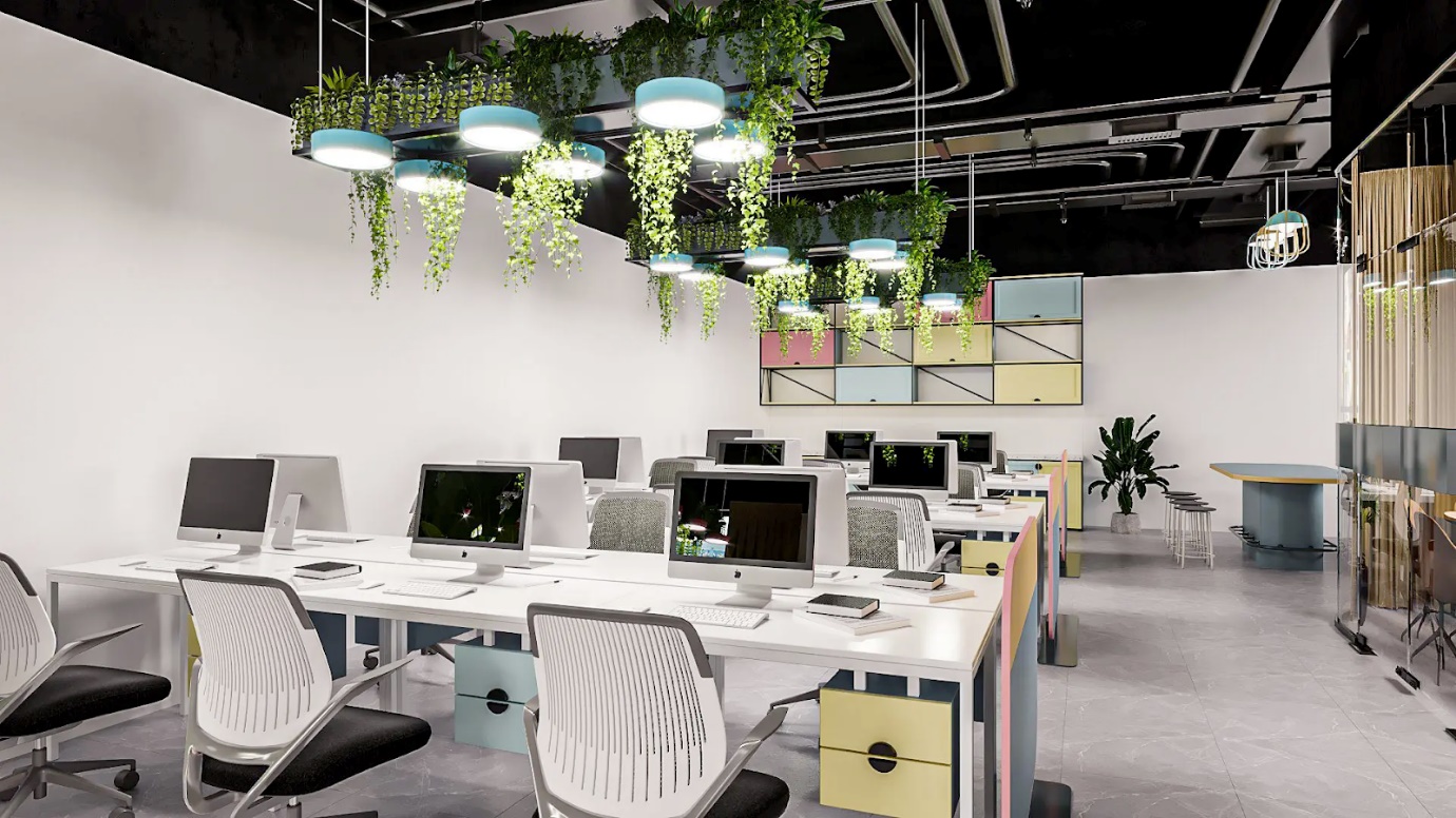 A room with computers and plants from the ceiling Description automatically generated