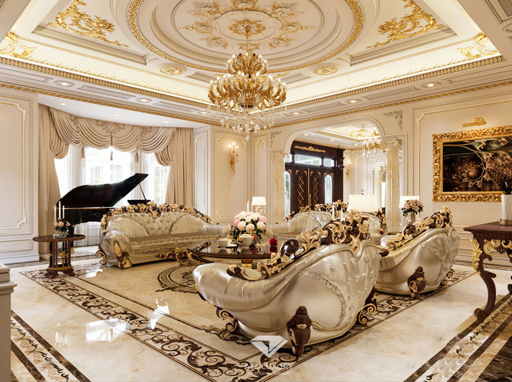 A room with white furniture and gold accents

Description automatically generated