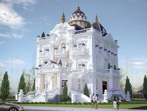 A white building with blue domes Description automatically generated