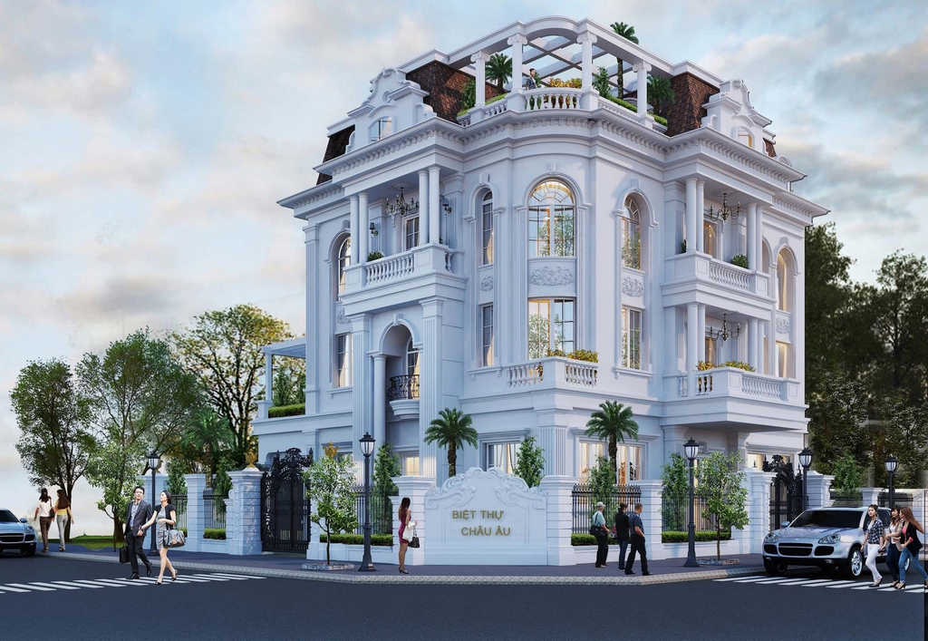 A white building with trees and people walking around Description automatically generated