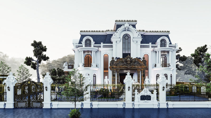 A white house with a fence and trees Description automatically generated