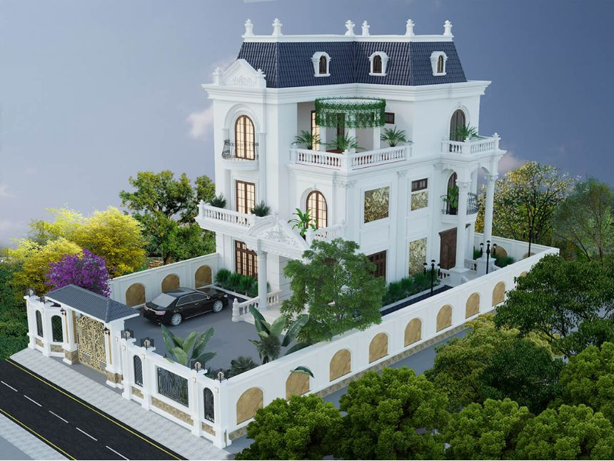 A white house with trees around it Description automatically generated
