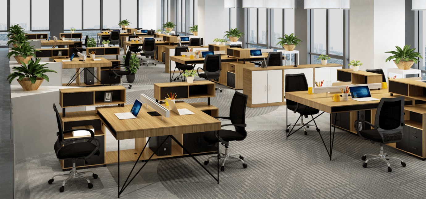 An office with many tables and chairs Description automatically generated